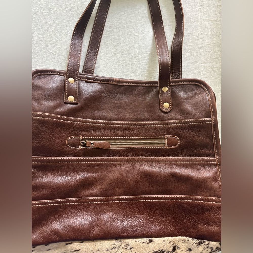 Brown and White cowhide and Leather Tote Bag - Picture 2 of 3